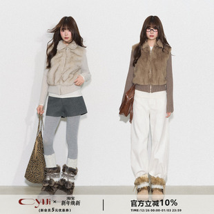 上衣假两件毛毛外套女 美拉德复古毛绒拼接短款 CyNi 焦糖午后