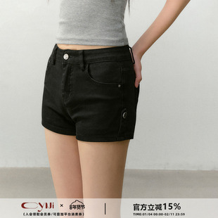 CyNi【黑莓提子酒】黑色百搭美式复古弹力高腰短裤显瘦丰胯垫短裤