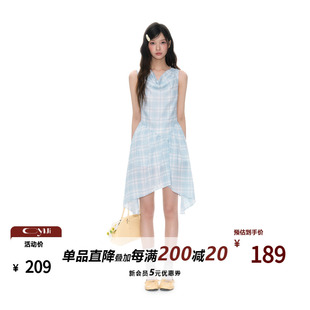 甜美格子無袖 拼接背心裙蕩領收腰不規則裙擺連衣裙女 法式 CyNi