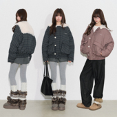 CyNi 月光圆舞曲 复古减龄宽松加厚夹克毛绒海军领格子棉服外套