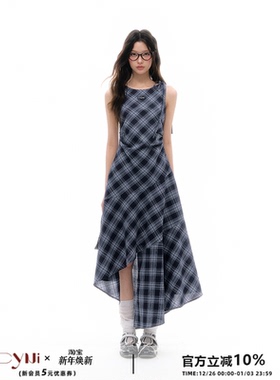 CyNi  复古轻薄垂感无袖格纹连衣裙设计感不规则格子长裙女