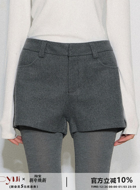 CyNi【呢喃短章】休闲百搭高腰阔腿休闲裤灰色毛呢短裤直筒靴裤