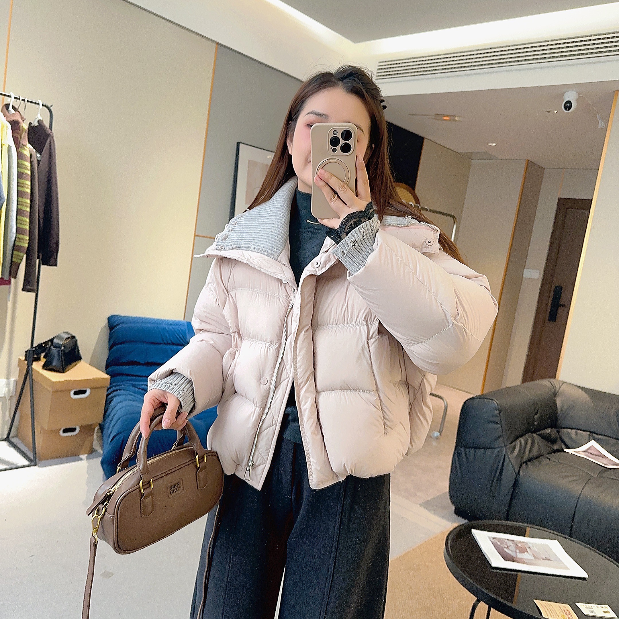 【紫糯糯】拼接针织翻领加厚羽绒外套冬季韩系百搭保暖HE25111209