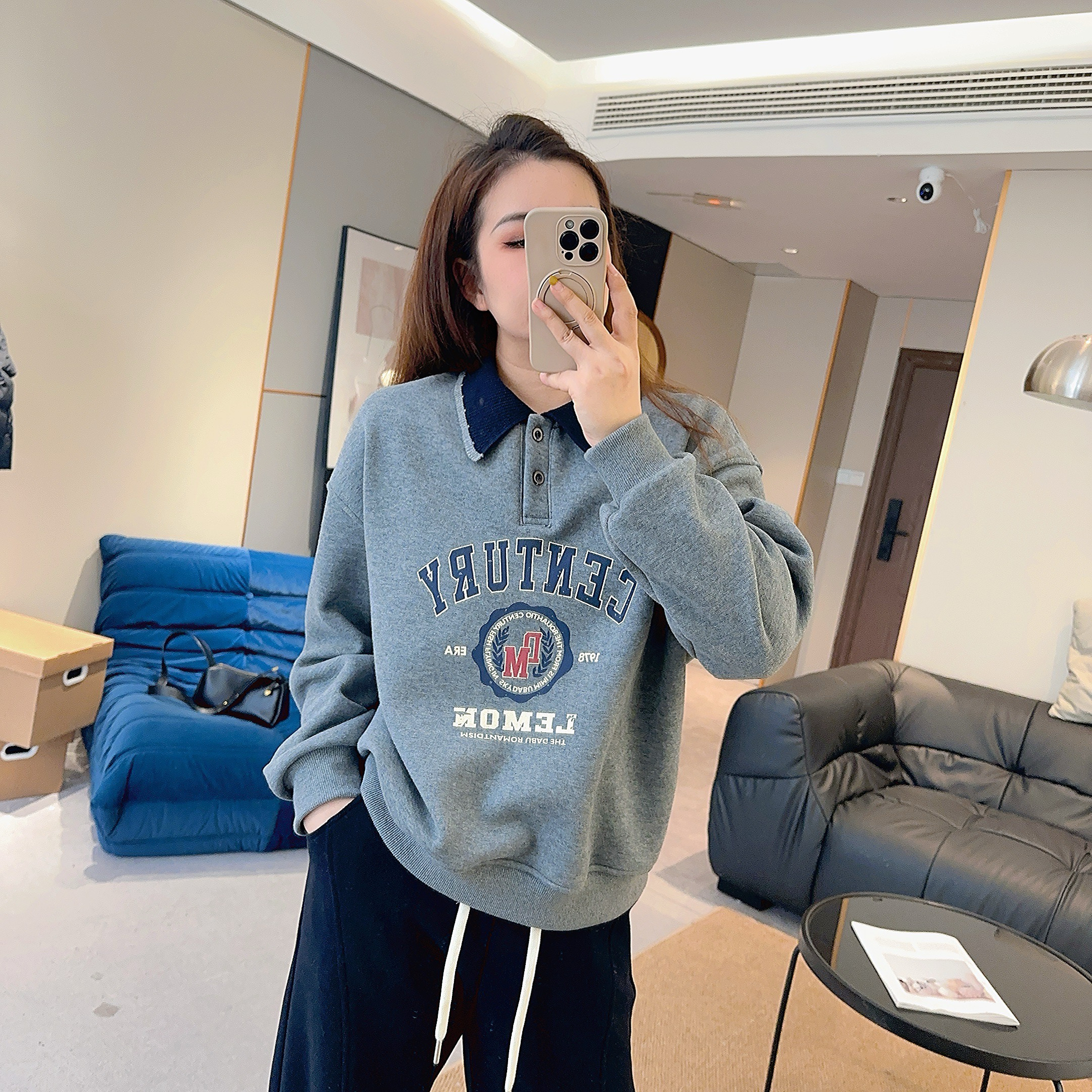 【欧加粒粒】设计感撞色翻领字母正肩卫衣加绒宽松百搭TH25103126