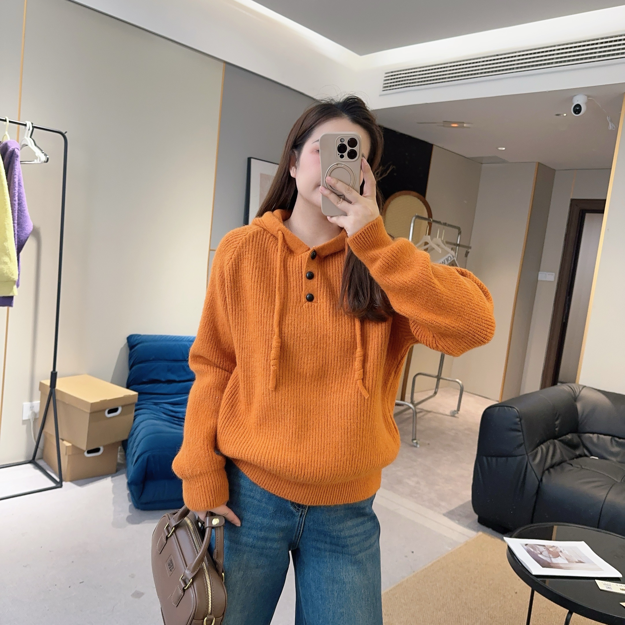 【欧加粒粒】半开领连帽针织衫宽松外穿软糯加厚毛衣 S25111303