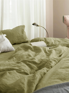 100%亚麻床笠三件套纯色床单被套200*230cm双人床四件套床上用品