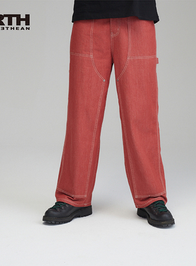 PRTH拼接红色工装直筒休闲裤潮流设计感纯棉休宽松牛仔阔腿裤男