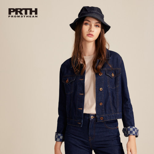 PRTH排扣休闲短款翻领牛仔夹克