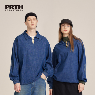 男落肩宽松polo翻领橄榄扣抽绳束腰衬衣女 PRTH日系蓝色牛仔衬衫