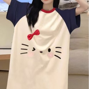 可爱卡通甜美少女中长裙宽松休闲舒适家居服可 跨境睡裙女夏季