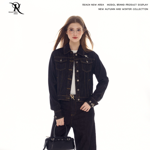 REACH原创春秋新款复古牛仔外套女宽松翻领短款长袖单排扣夹克衫