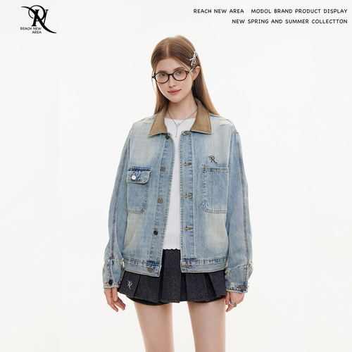 REACH原创春秋新款复古撞色翻领牛仔夹克女宽松磨破水洗长袖外套