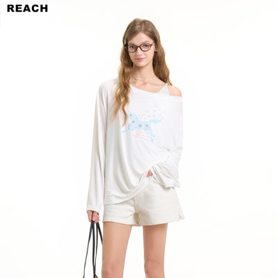 REACH设计感小马印花白色斜肩罩衫女夏季显瘦藏肉微透长袖T恤上衣