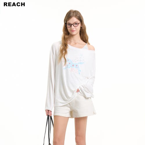REACH设计感小马印花白色斜肩罩衫女夏季显瘦藏肉微透长袖T恤上衣