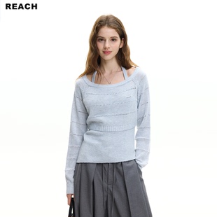 REACH设计感两件套挂脖镂空针织毛衣女春秋新款高级感显瘦上衣服