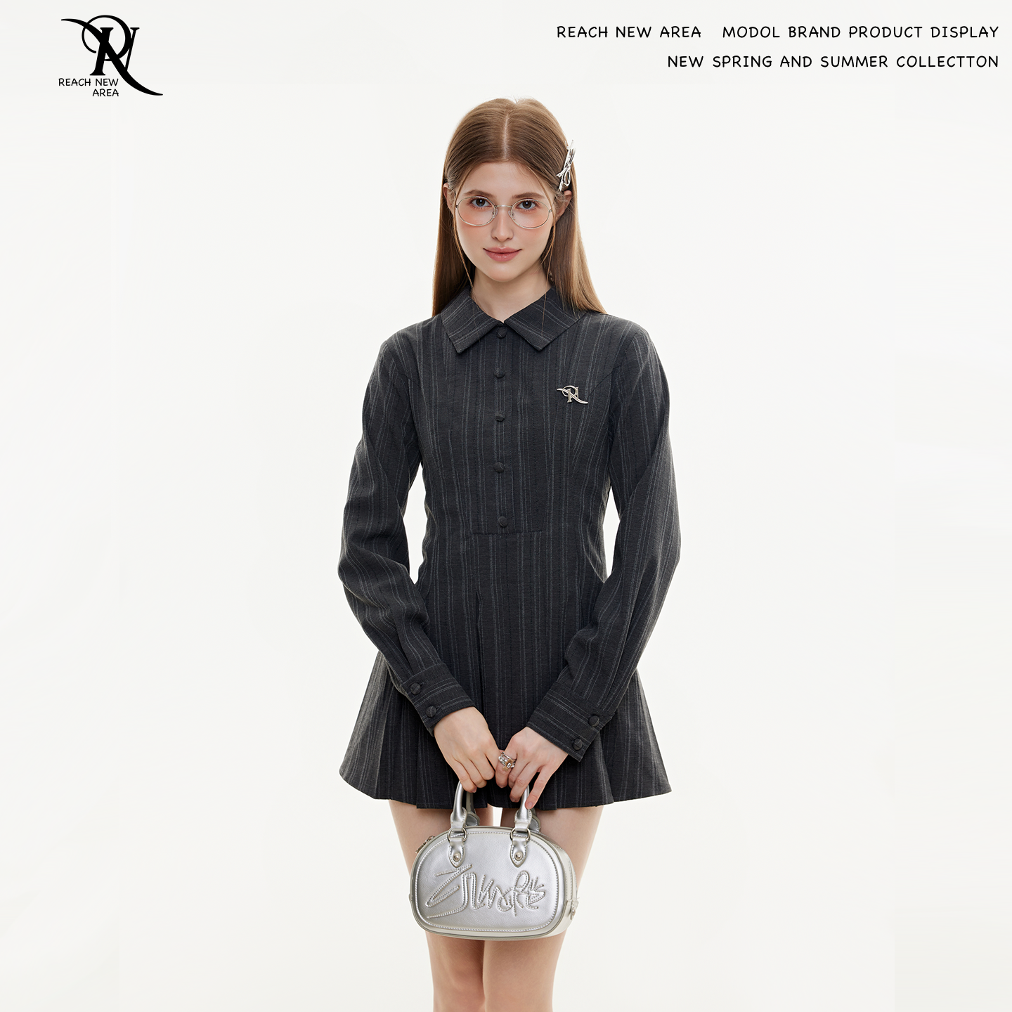 REACH原创春秋新品修身A形正肩收腰连衣裙女甜美学院风裙子衬衫裙