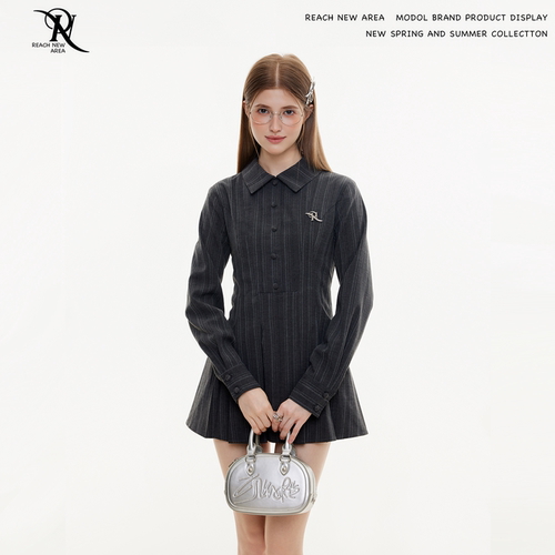 REACH原创春秋新品修身A形正肩收腰连衣裙女甜美学院风裙子衬衫裙