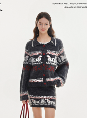 REACH原创春秋“小狗费尔岛”女深灰色复古针织毛衣提花外套半裙