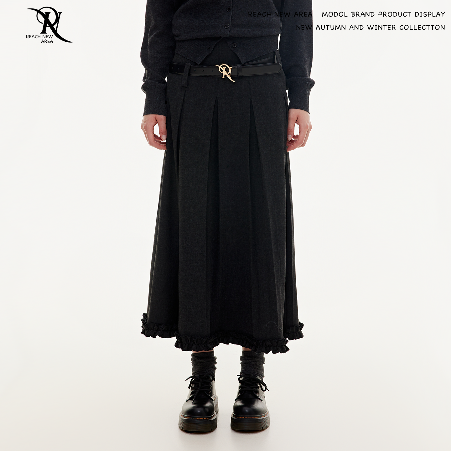 REACH 原创春秋新款百褶花边半身裙女A字显瘦简约西装料长半裙子