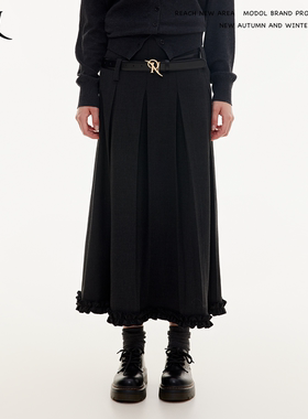 REACH 原创春秋新款百褶花边半身裙女A字显瘦简约西装料长半裙子