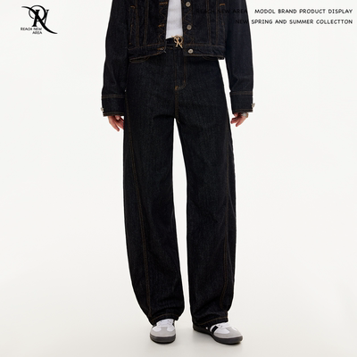 REACH原创春秋新款弯刀牛仔裤女直筒长裤阔腿裤通勤宽松复古裤子