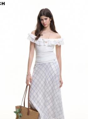 REACH设计感白色一字肩荷叶边上衣女夏季新款收腰显瘦百搭短袖