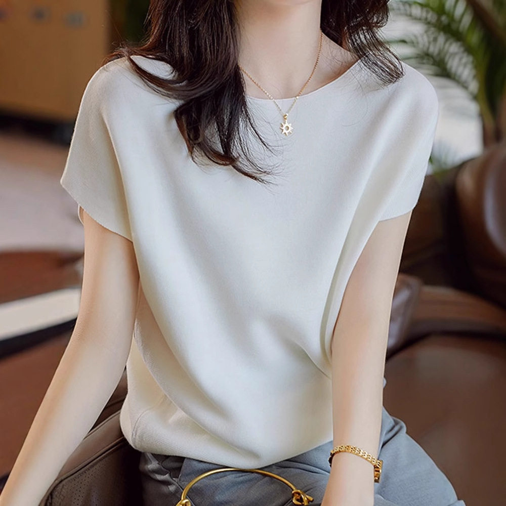 无袖薄款白色T恤女2025新款一字领宽松显瘦外穿内搭蝙蝠袖打底衫