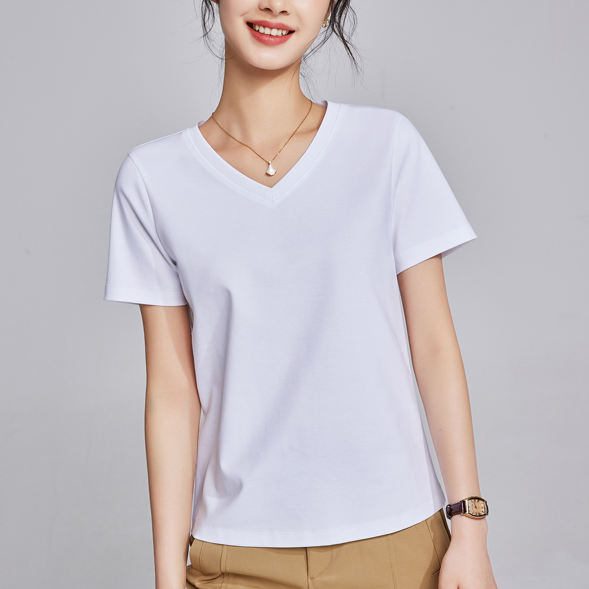 丝光棉简约V领正肩短袖T恤女