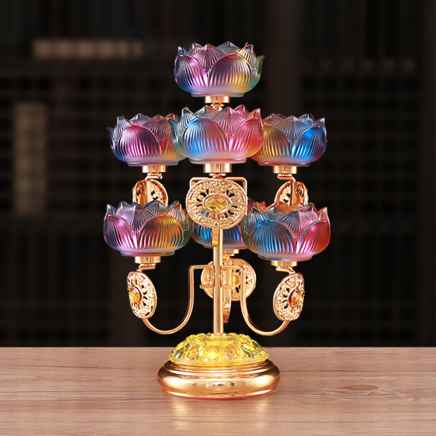 家用佛前供佛灯长明灯座供奉灯盏七星琉璃莲花灯酥油灯蜡烛台灯架