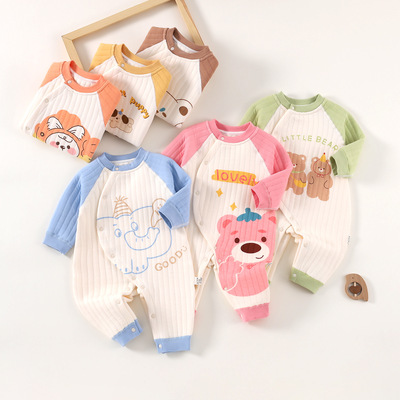 婴儿三层保暖偏开式连体衣