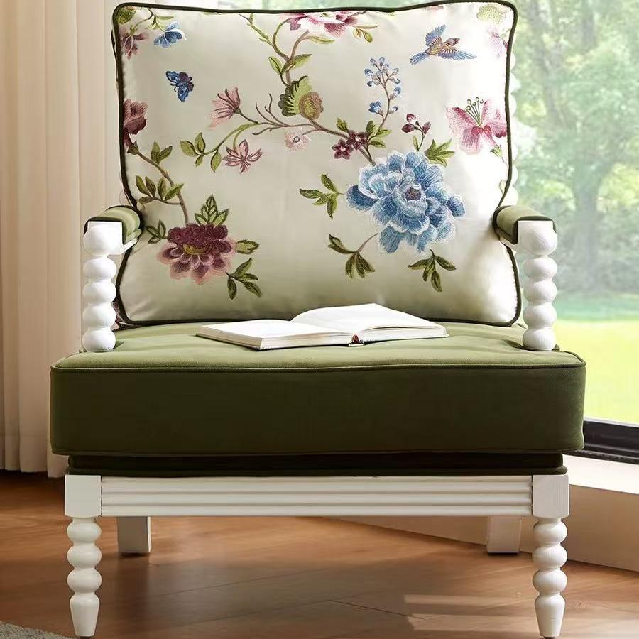 美式白色单人沙发椅法式带脚踏客厅单椅实木布艺中古椅休闲椅子