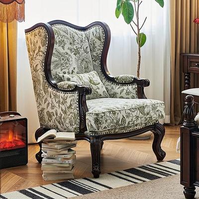 法式实木客厅提花布艺沙发椅美式老虎椅阳台休闲椅卧室靠背单人椅