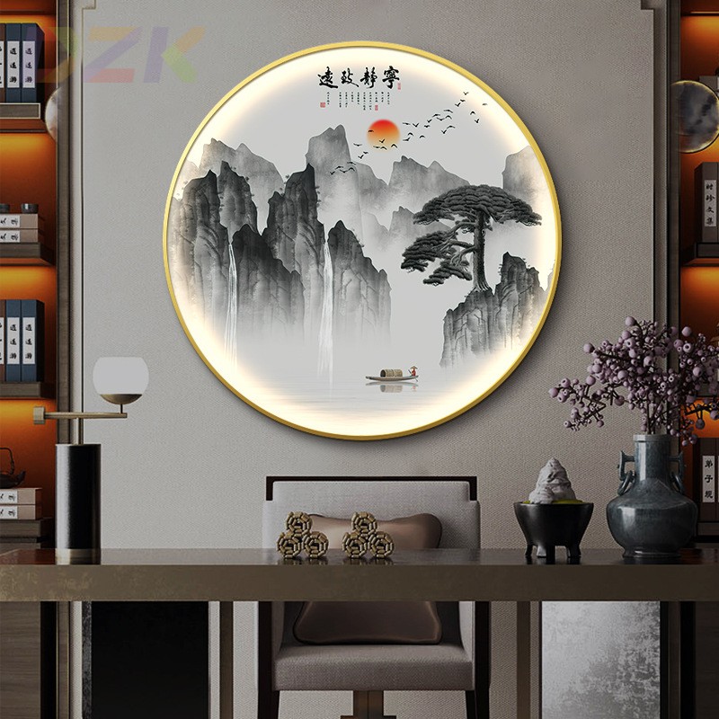 新中式圆形装饰画迎客松壁画入户玄关山水画客厅办公室挂画中国n2