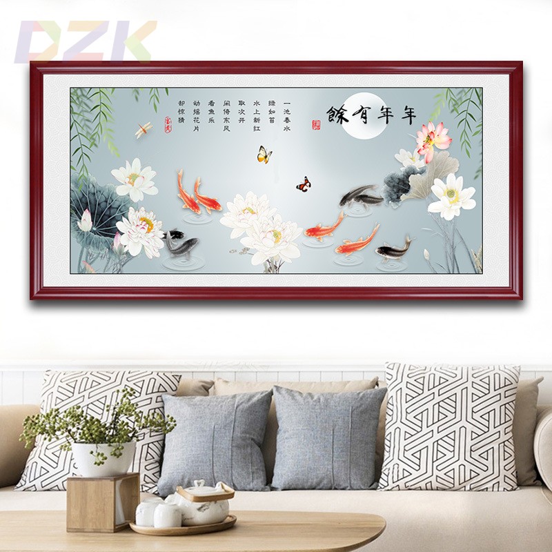 新中式九鱼图客厅沙发背景墙装饰画荷花鲤鱼寓意好玄关茶室挂画n1