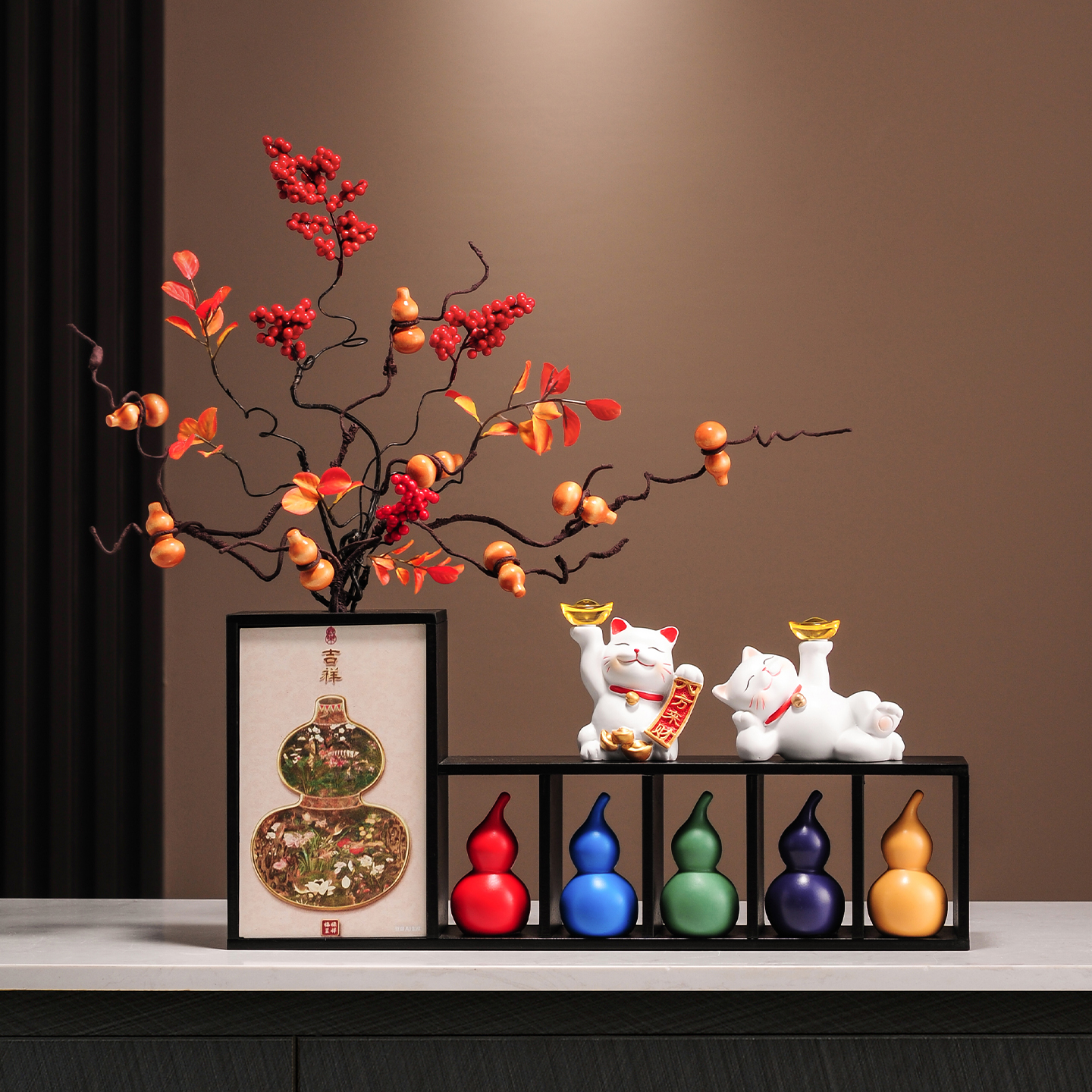 国潮五福临门葫芦摆件入门玄关客厅红果插花装饰品进宅乔迁礼物