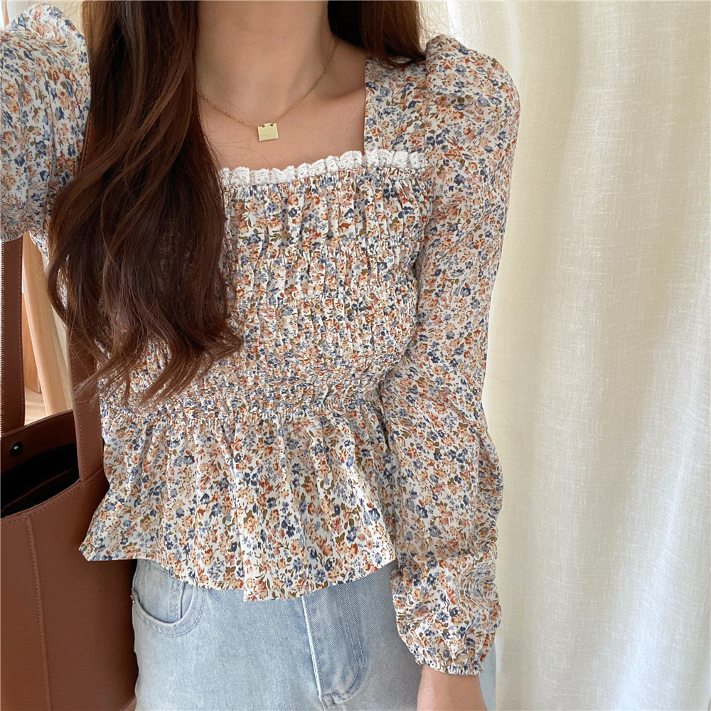 Real shot spring dress new Korean version small square collar lace fungus edge floral Sleeve Chiffon Long Sleeve Top