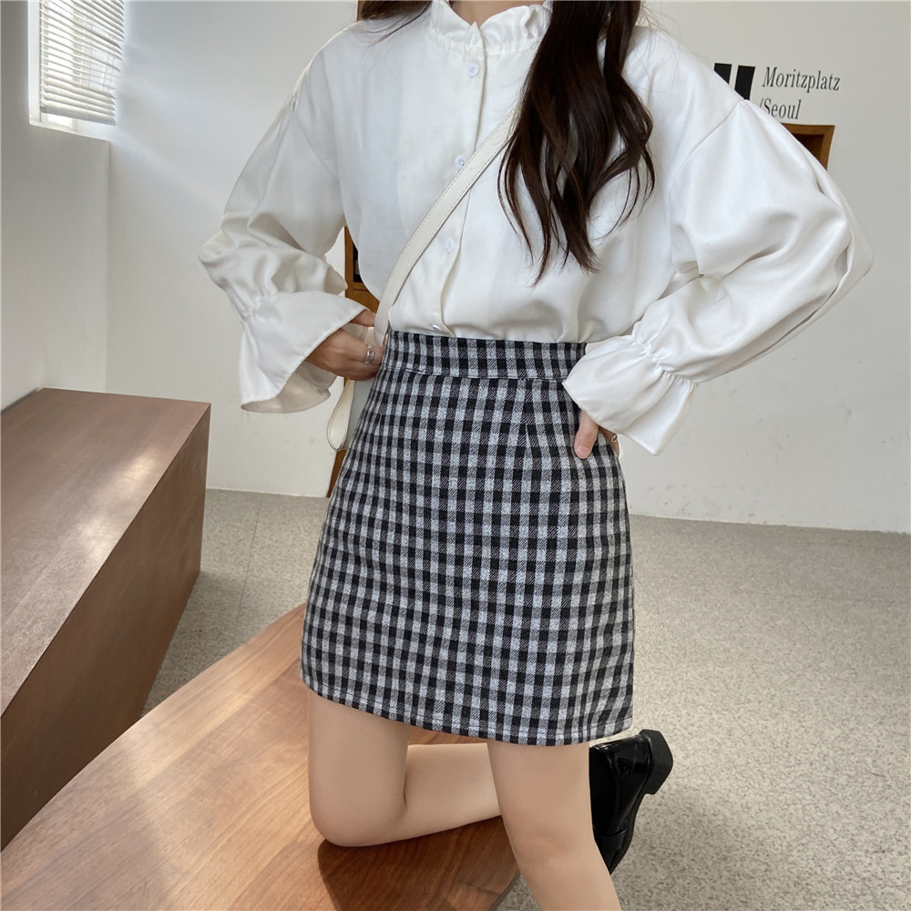 Real price new Korean woolen plaid skirt women's skirt autumn winter A-line high waist student's versatile skirt