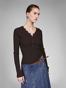 SH&UR2026春季新款女装气质蕾丝V领镂空肌理短款针织衫UWM960003