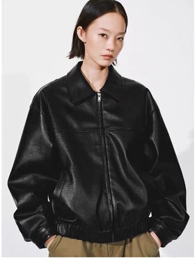 SH&UR2026春季新款女装法式休闲荔枝纹PU翻领拉链外套UYY160001