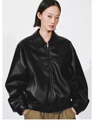 SH&UR2026春季新款女装法式休闲荔枝纹PU翻领拉链外套UYY160001