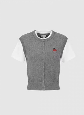 SH&UR2026春季新款女装休闲撞色假两件樱桃刺绣针织衫UYY960018