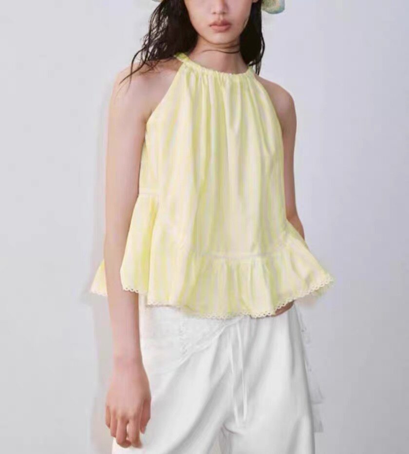 SH&UR2026夏季新品女装法式复古条纹蕾丝花边绑带吊带衫UYL260079