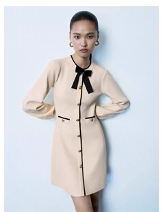 SH&UR2026春季新款女装针织小香风蝴蝶结装饰连衣裙UWG960036+