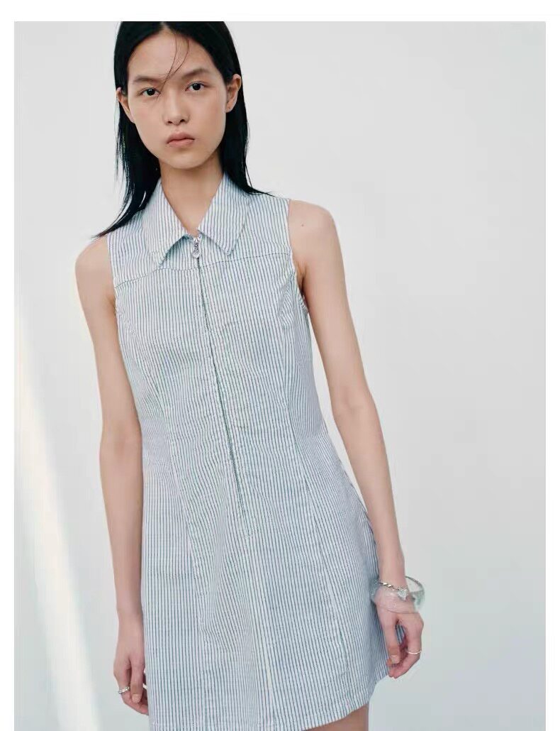 SH&UR2026夏季新款女装休闲条纹翻领拉链超短牛仔连衣裙UYL860077