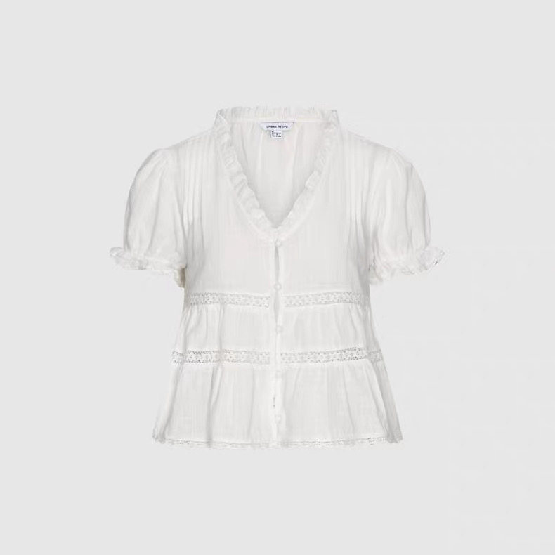 SH&UR2026春季新款女装休闲蕾丝拼接荷叶边开襟衬衫UYL260039