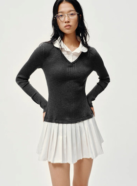 SH&UR2026春季新款女装都市假两件修身超短针织连衣裙UYU960027