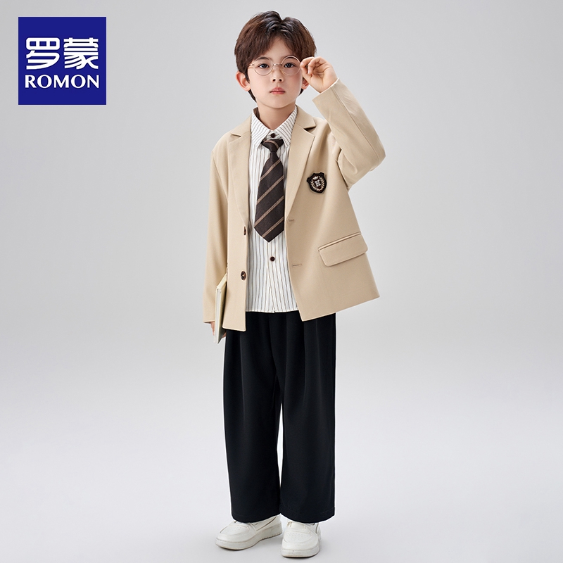 罗蒙男童西装套装2025新款中大童礼服帅气休闲西服学院风三件套潮