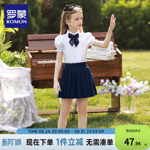 罗蒙女童短袖白色儿童衬衫泡泡袖衬衣小学生表演出校园服学院风夏