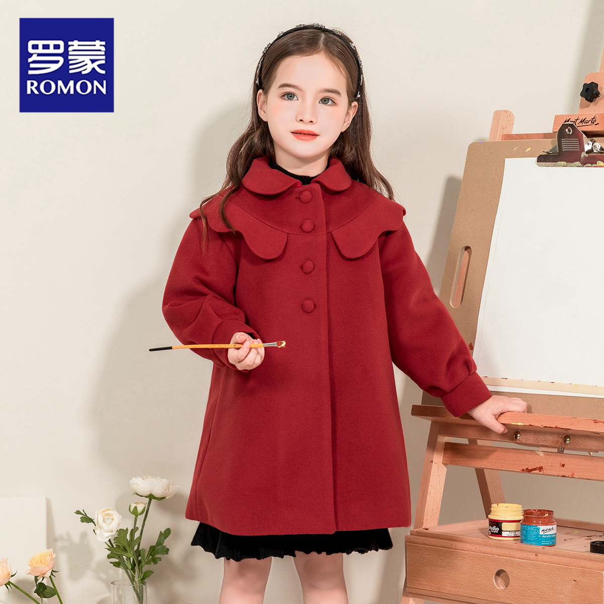 罗蒙童装女童毛呢外套2025新款儿童呢子大衣洋气时髦大童红色加厚