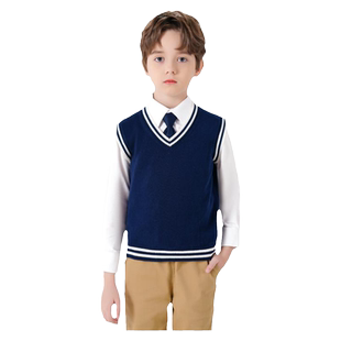 罗蒙儿童针织马甲学院风V领男童背心宝宝毛线衣衬衫加绒洋气套装